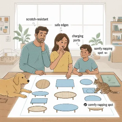 Illustration of a family with pets considering different coffee table features like shape, material, and storage.