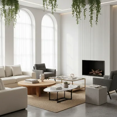 Various coffee table types showcasing different materials and styles in a modern living room setting