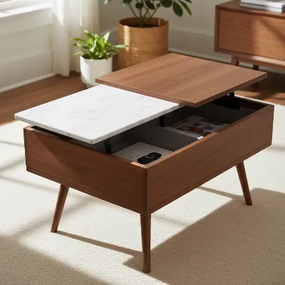 Elegant West Elm Pop-Up Coffee Table with storage and marble detail