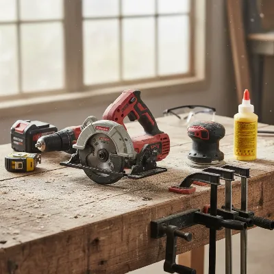 A collection of essential woodworking tools for DIY coffee table building including saw, drill, sander, and clamps on a workbench.