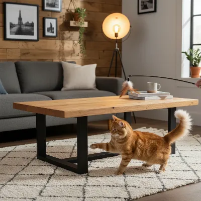 An industrial-style coffee table with a robust metal base and a solid hardwood top, resistant to pet wear and tear.