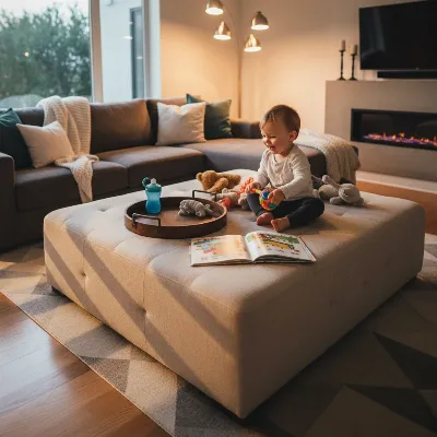 A family-friendly living room featuring a large, soft ottoman serving as both a footrest and a safe play area for children.