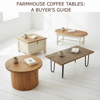 A diverse collection of rustic farmhouse coffee tables in various materials and shapes, illustrating choices for a buying guide. Editorial, bright, clean background.