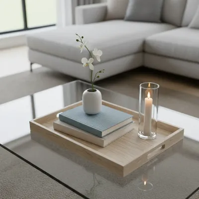 A stylish glass coffee table with a rectangular decorative wooden tray holding a few curated items, against a modern living room background. Focus on clear surface and organized tray.