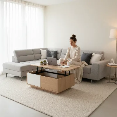 A minimalist living room with a lift-top coffee table extended, a laptop and coffee mug on it, an ergonomic setup for working from a sofa