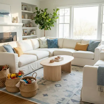 A modern, kid-friendly living room with an oval coffee table, soft textures, and ample natural light.
