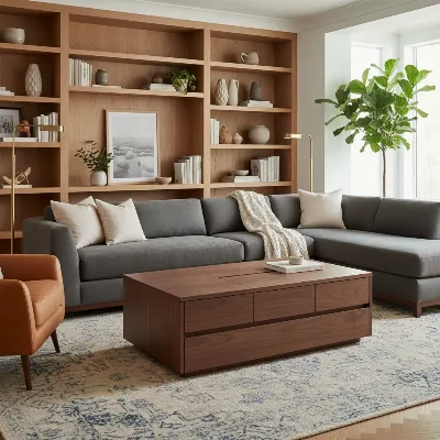 A beautifully designed living room showcasing a coffee table with integrated storage, emphasizing size and style considerations