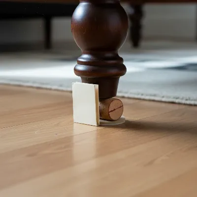 Assorted makeshift shims like folded paper, cork, and a felt pad under a wobbly coffee table leg.