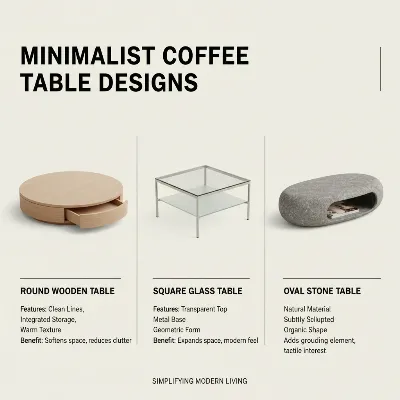 A guide showing various minimalist coffee table designs, including round wood, square glass, and oval metal options with key features.