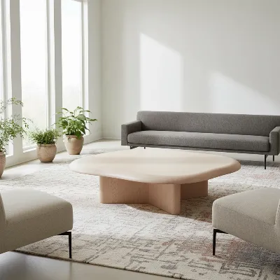 A sleek, round minimalist coffee table crafted from light wood in a modern living room setting, showcasing organic shapes and natural light.