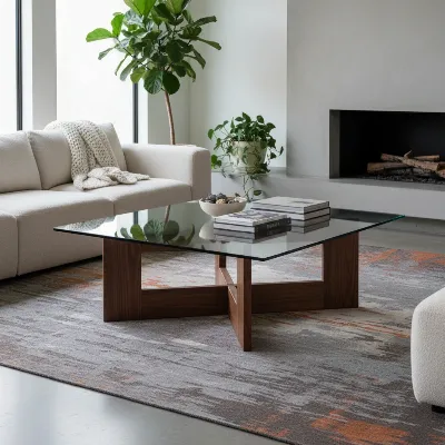 A contemporary coffee table featuring a dark wood base and a clear glass top, showcasing a blend of warmth and modern design in a stylish living room.