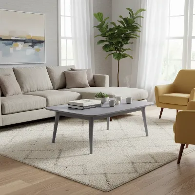 A beautifully painted modern wooden coffee table, without visible brush strokes, serving as a stylish centerpiece in a contemporary living room. 