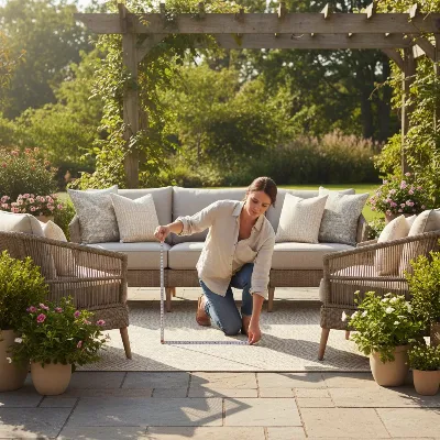 A person measuring the space for an outdoor coffee table on a patio