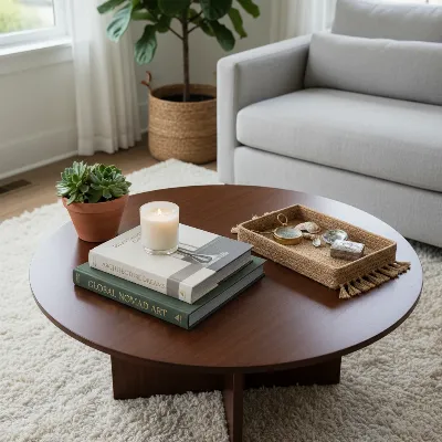 Elegant round coffee table decor with books, plants, and a tray for stylish living room ambiance.