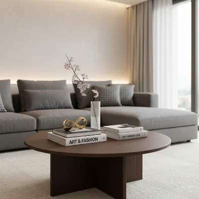Stylish round coffee table in a modern living room, expertly styled with books, a vase, and decorative objects.