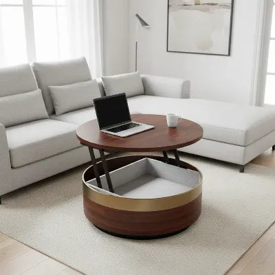 Round lift-top coffee table with hidden storage in a modern living room