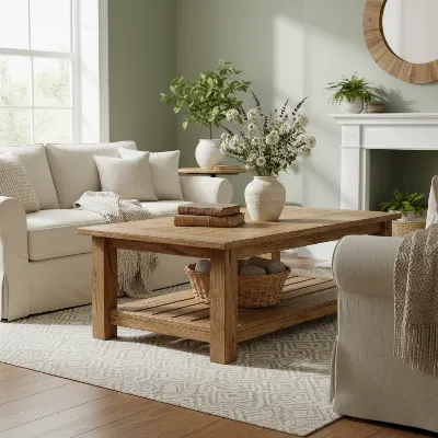 A warm, inviting living room featuring a rustic farmhouse coffee table made of solid distressed wood with a lower shelf, styled with books and a woven basket. Cozy, natural lighting, comfortable sofa, and a subtle rug.