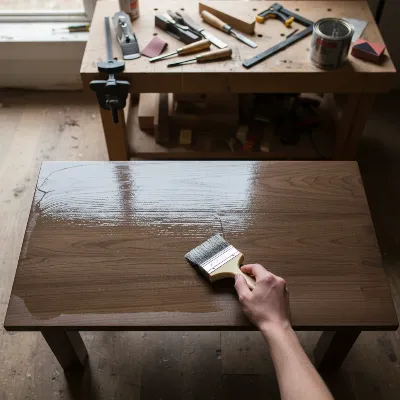 Applying a clear protective topcoat to a refinished wooden coffee table, highlighting the sealing process.