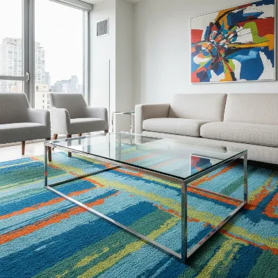 A modern minimalist tempered glass coffee table with clean lines, showcasing a beautiful patterned rug underneath in a bright living room.