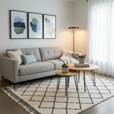 A compact living room featuring strategically placed nesting coffee tables.