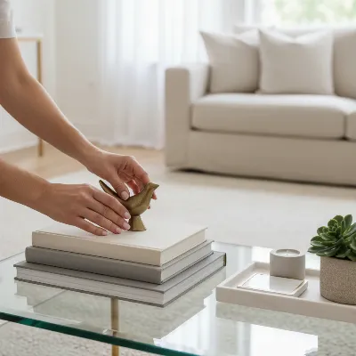 A person carefully arranging decorative items on a clean glass coffee table, demonstrating the step-by-step styling process in a bright living room setting.
