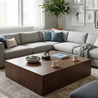 A stylish living room with a modern, rectangular wooden coffee table, showcasing its stable surface for drinks and decor, with visible edges.