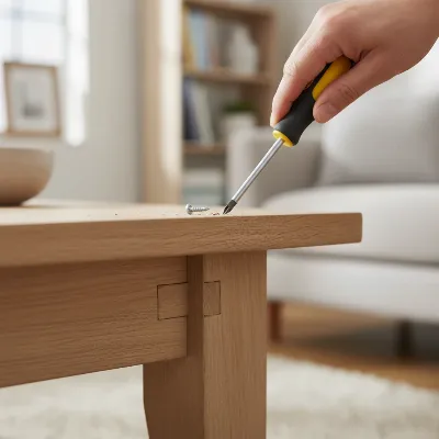 Hand tightening a loose screw on a wooden coffee table leg to fix a wobble.