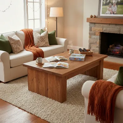 Warm wooden coffee table surrounded by comfortable seating in a cozy family living space.